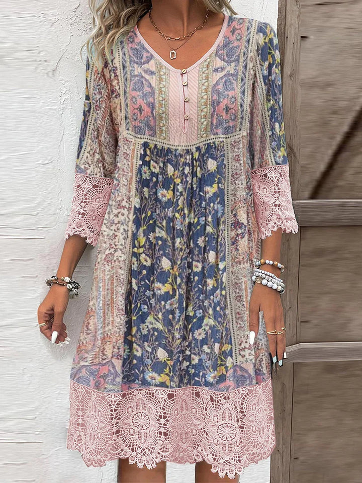 Rebeca Dress with Vintage Print and Lace