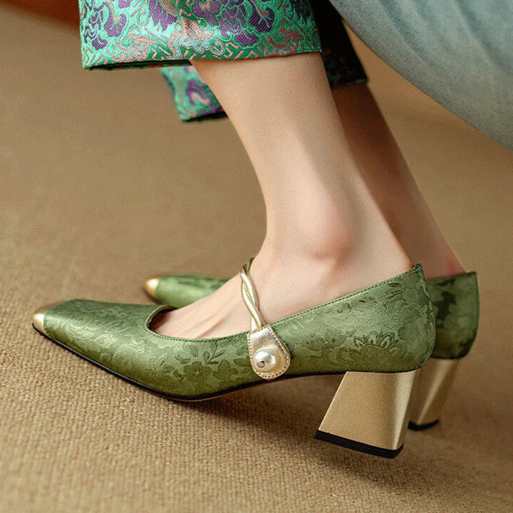 Floral Embossed Square Toe Heels
