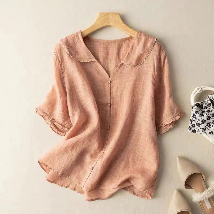 Sotiria Elegant Linen Short Sleeve Blouse