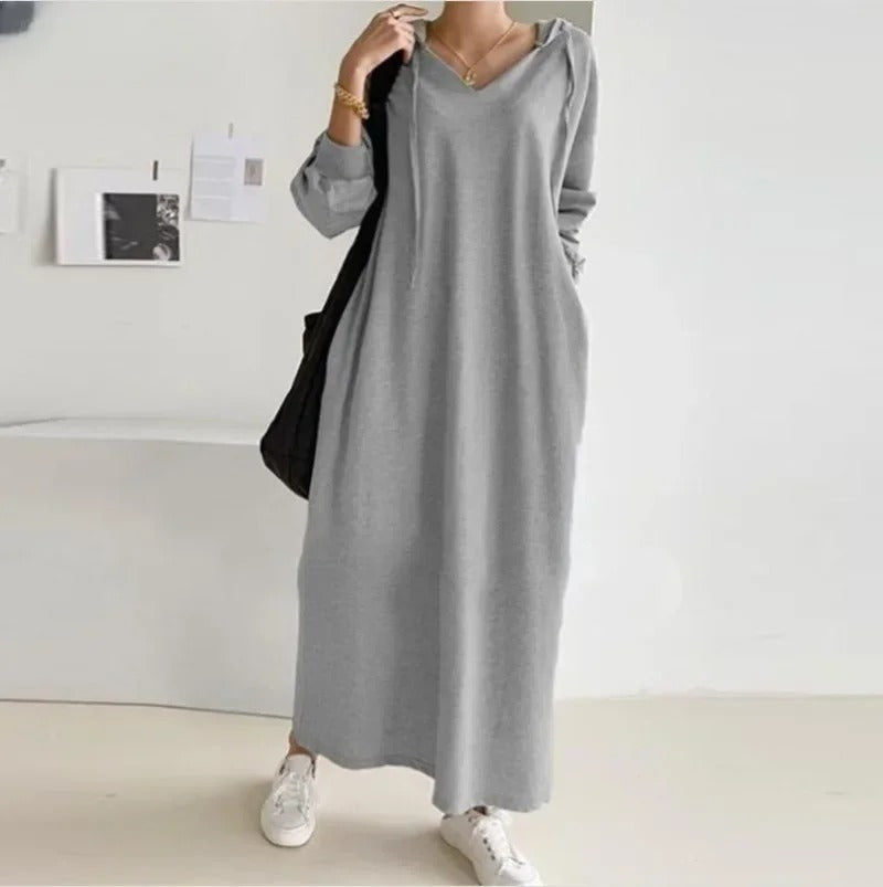 V Neck Drawstring Hooded Dress